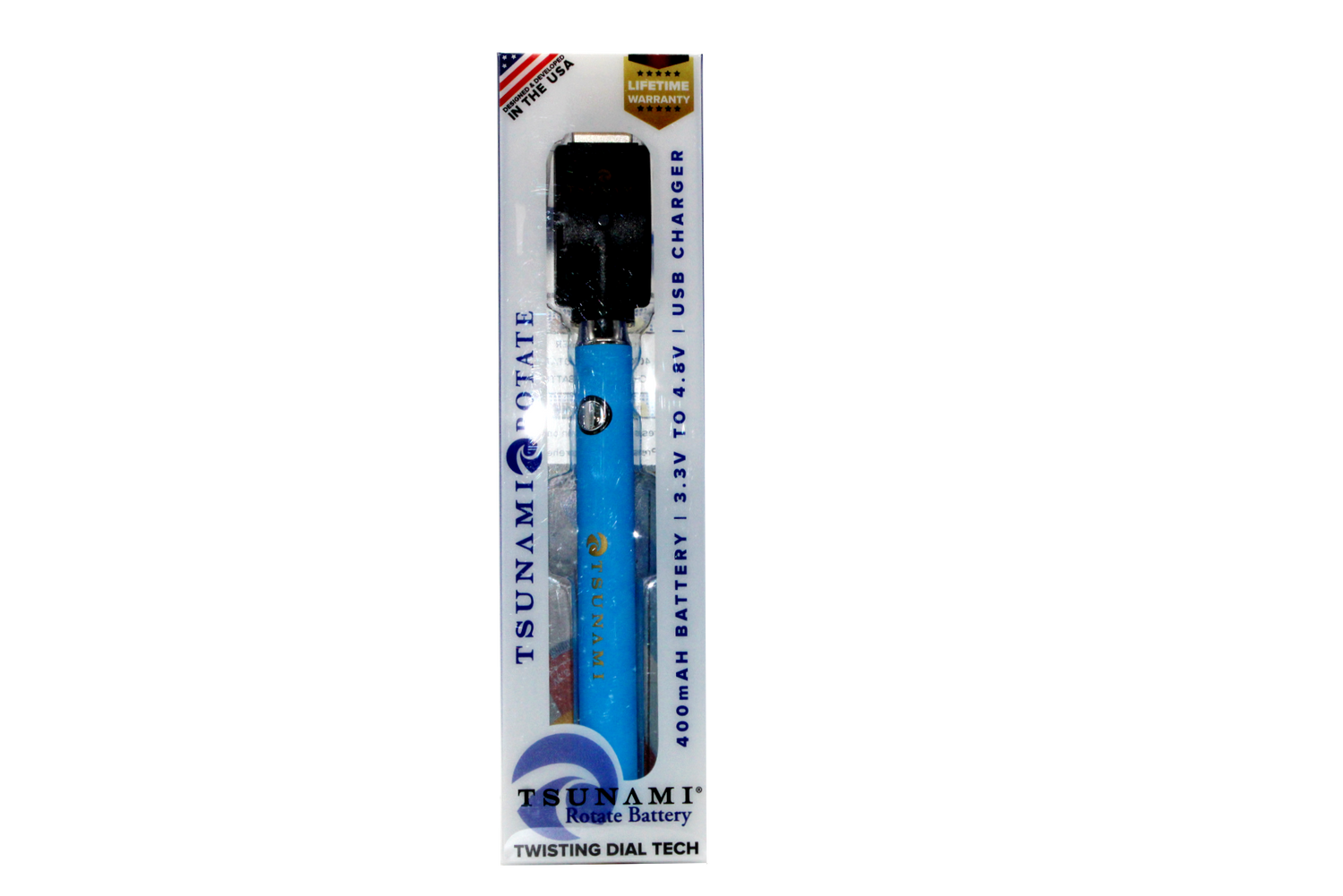 front view of the Tsunami rotate vaporizer in its boxes. A streamlined and efficient vaporizer that can be used for oils and concentrates. this one is in a light blue finish.