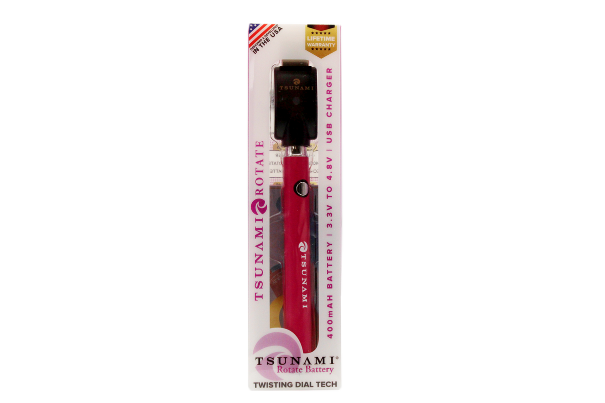 front view of the Tsunami rotate vaporizer in its boxes. A streamlined and efficient vaporizer that can be used for oils and concentrates. this one is in a bright pink finish.