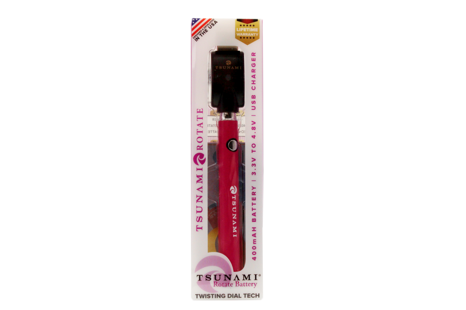 front view of the Tsunami rotate vaporizer in its boxes. A streamlined and efficient vaporizer that can be used for oils and concentrates. this one is in a bright pink finish.