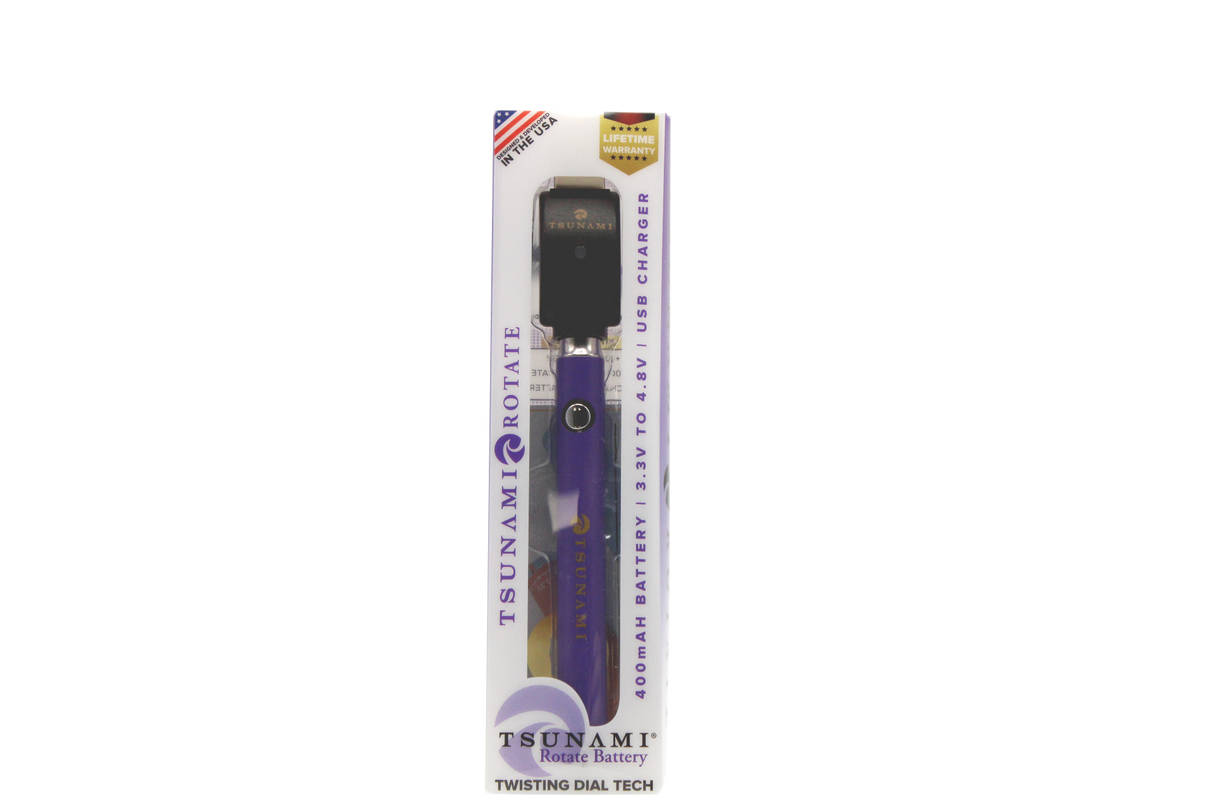 front view of the Tsunami rotate vaporizer in its boxes. A streamlined and efficient vaporizer that can be used for oils and concentrates. this one is in a grape purple finish.