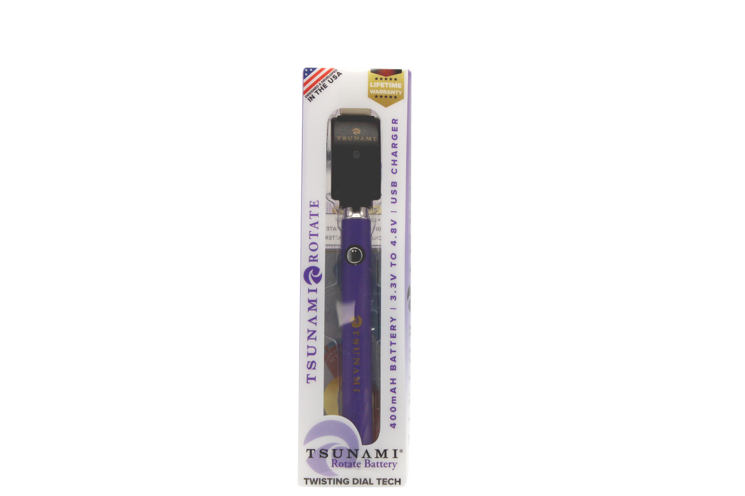 front view of the Tsunami rotate vaporizer in its boxes. A streamlined and efficient vaporizer that can be used for oils and concentrates. this one is in a grape purple finish.