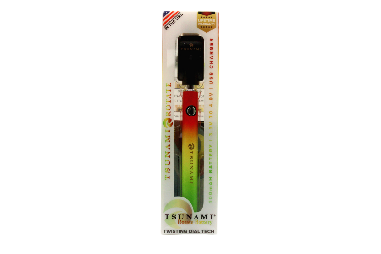 front view of the Tsunami rotate vaporizer in its boxes. A streamlined and efficient vaporizer that can be used for oils and concentrates. this one is in a red yellow green finish.