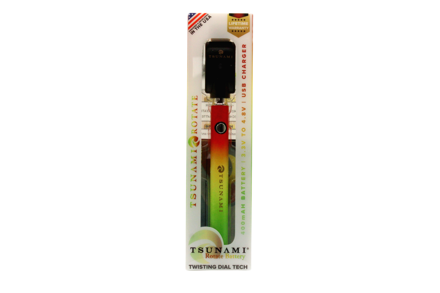 front view of the Tsunami rotate vaporizer in its boxes. A streamlined and efficient vaporizer that can be used for oils and concentrates. this one is in a red yellow green finish.