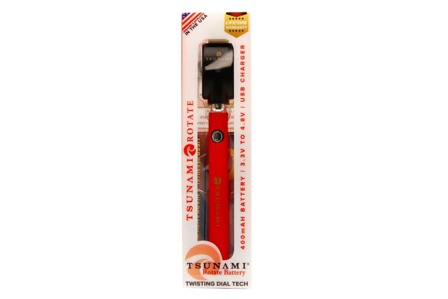 front view of the Tsunami rotate vaporizer in its boxes. A streamlined and efficient vaporizer that can be used for oils and concentrates. this one is in a red finish.