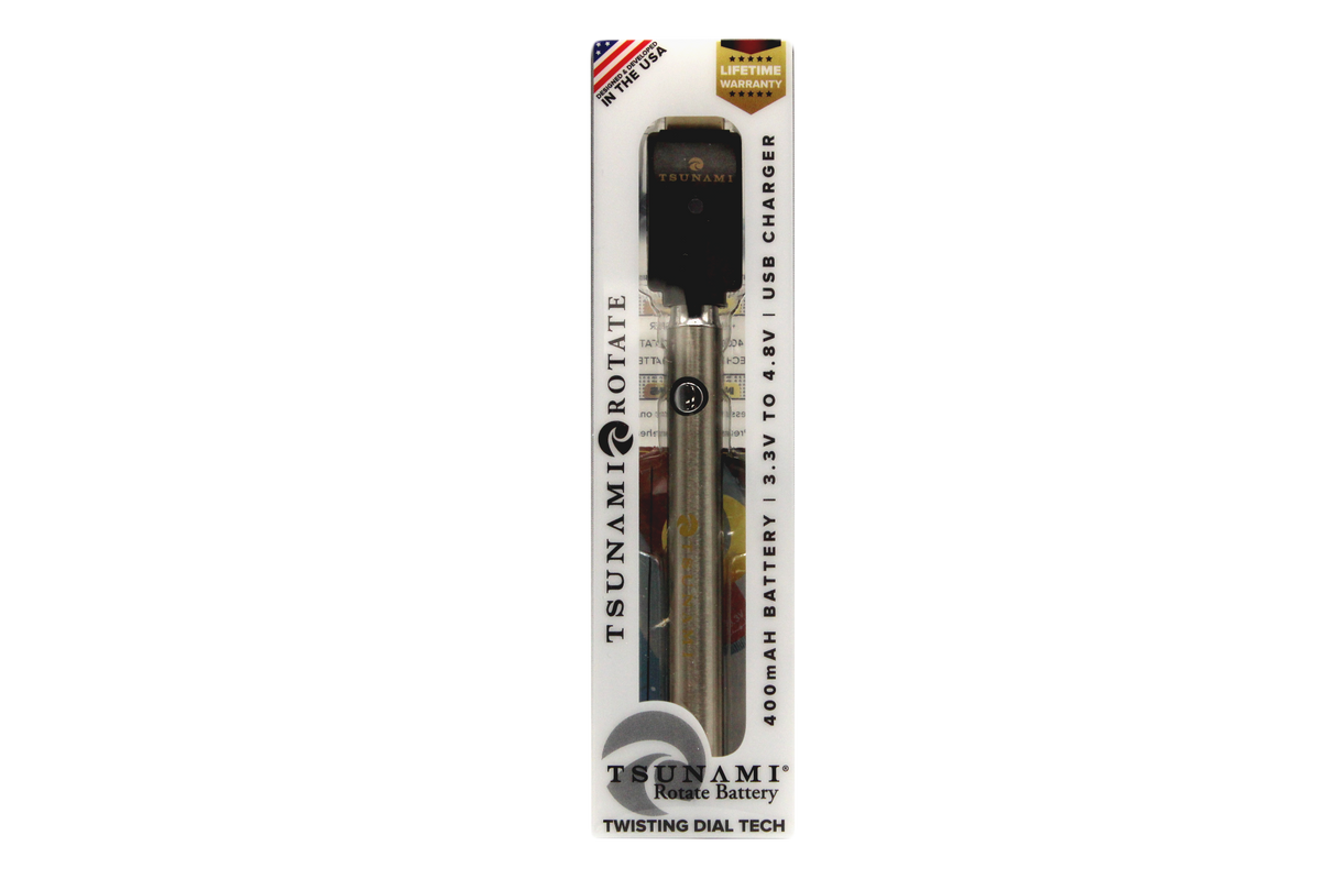 front view of the Tsunami rotate vaporizer in its boxes. A streamlined and efficient vaporizer that can be used for oils and concentrates. this one is in a brushed silver finish.