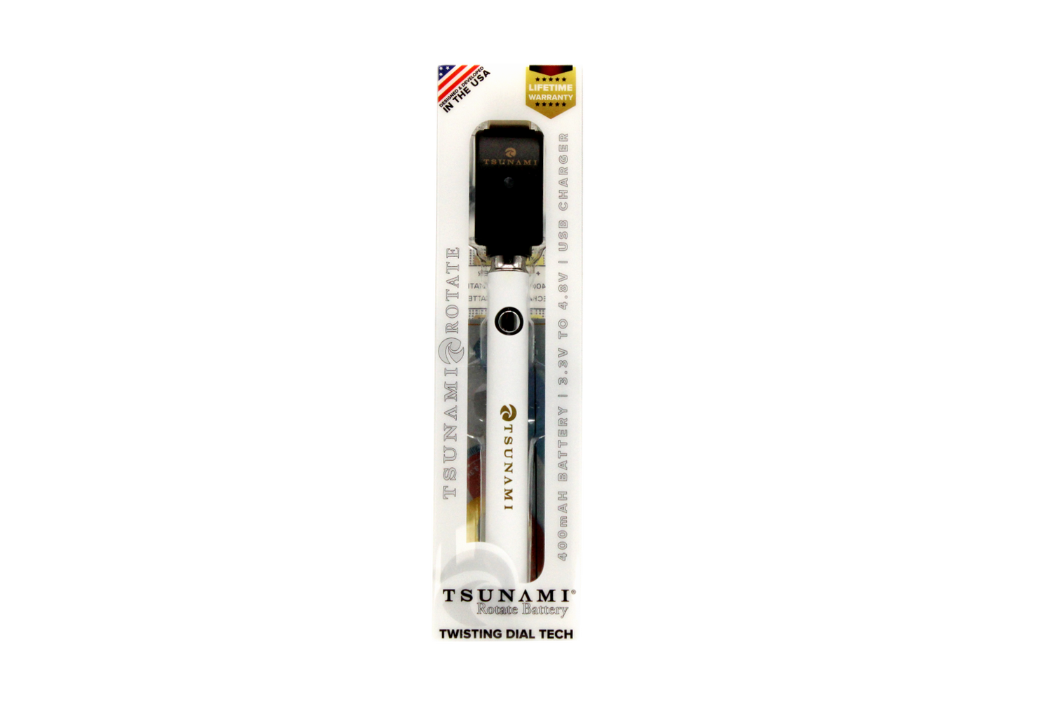 front view of the Tsunami rotate vaporizer in its boxes. A streamlined and efficient vaporizer that can be used for oils and concentrates. this one is in a white finish.