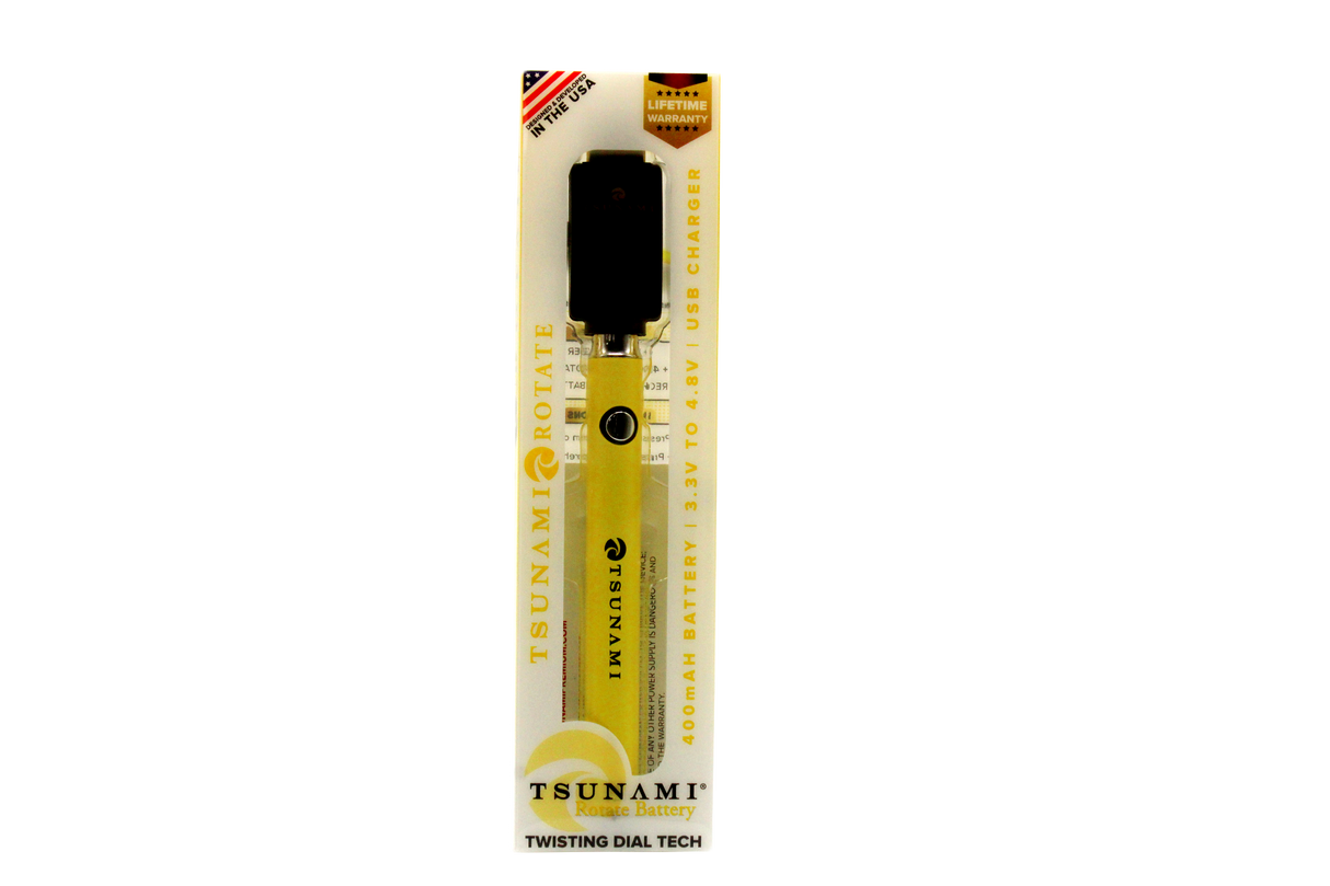 front view of the Tsunami rotate vaporizer in its boxes. A streamlined and efficient vaporizer that can be used for oils and concentrates. this one is in a bright yellow finish.