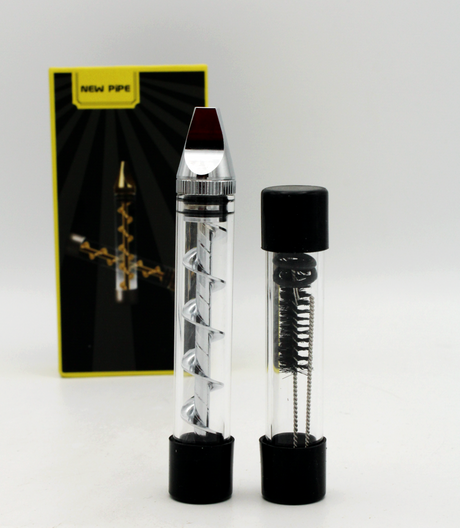 Front view of the Twisty Glass blunt V12. A paper free smoking product with a provided cleaning tools and O rings.