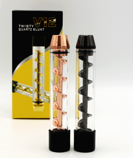 front view of the Twisty V12 Quartz blunt. A novel option for those wanting no mess and the purity of smoking from glass.