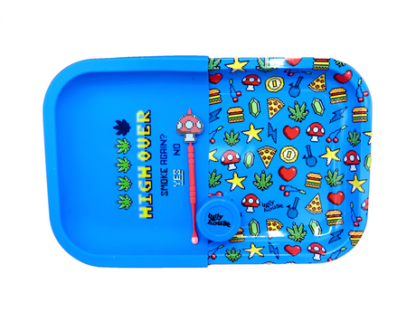 front view of the high over 16 bit design 4 piece dab kit. this blue colored kit is for those who need the dabbing essentials.