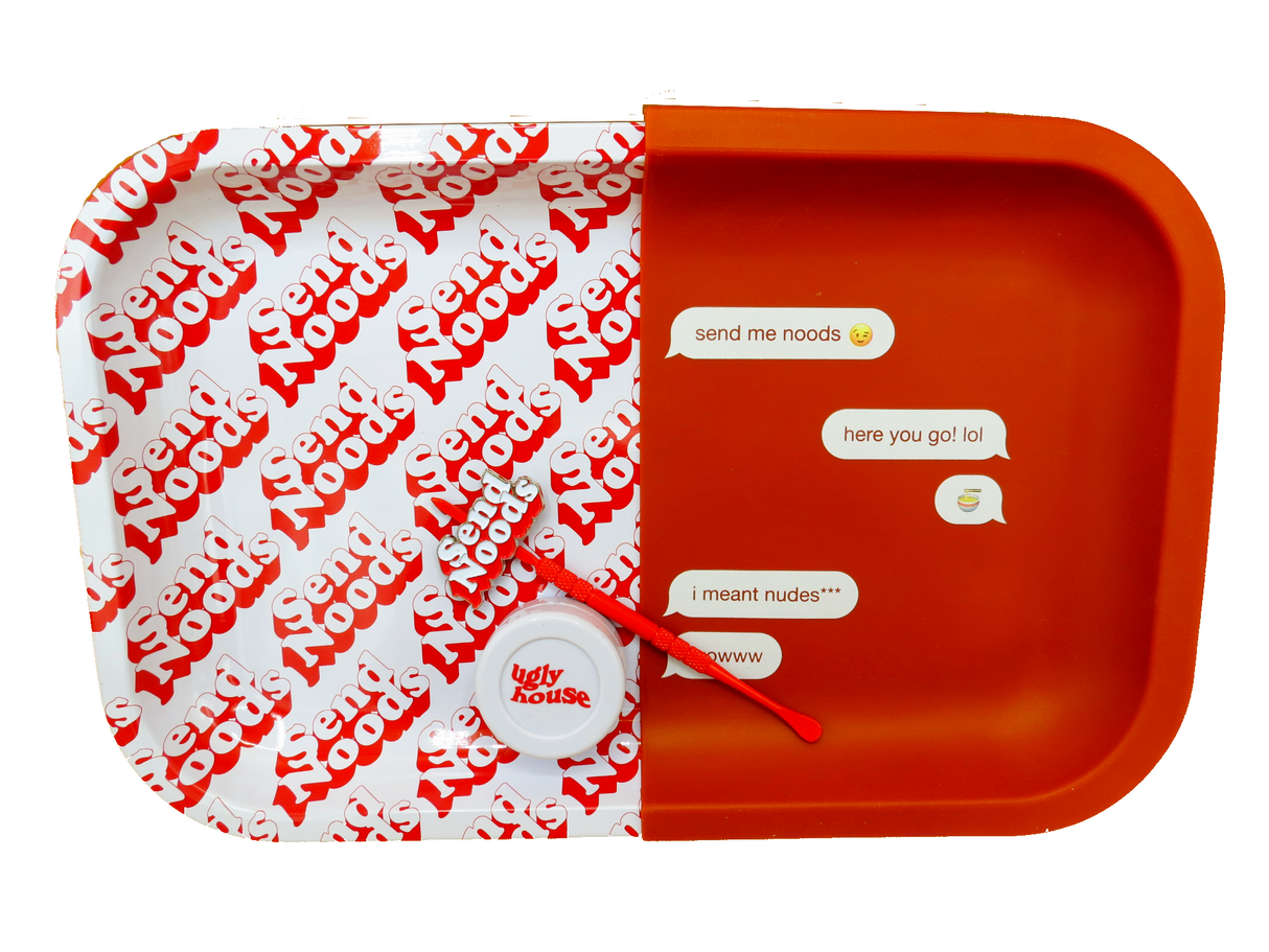 view of the ugly house dab kit in their red and white send noods texting design.