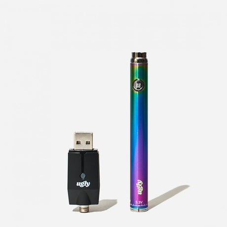 front view of the ugly slim twist battery in a titanium anodized like color known as rainbow.