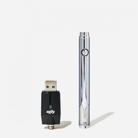 front view of the ugly slim twist battery in a reflective silver color.