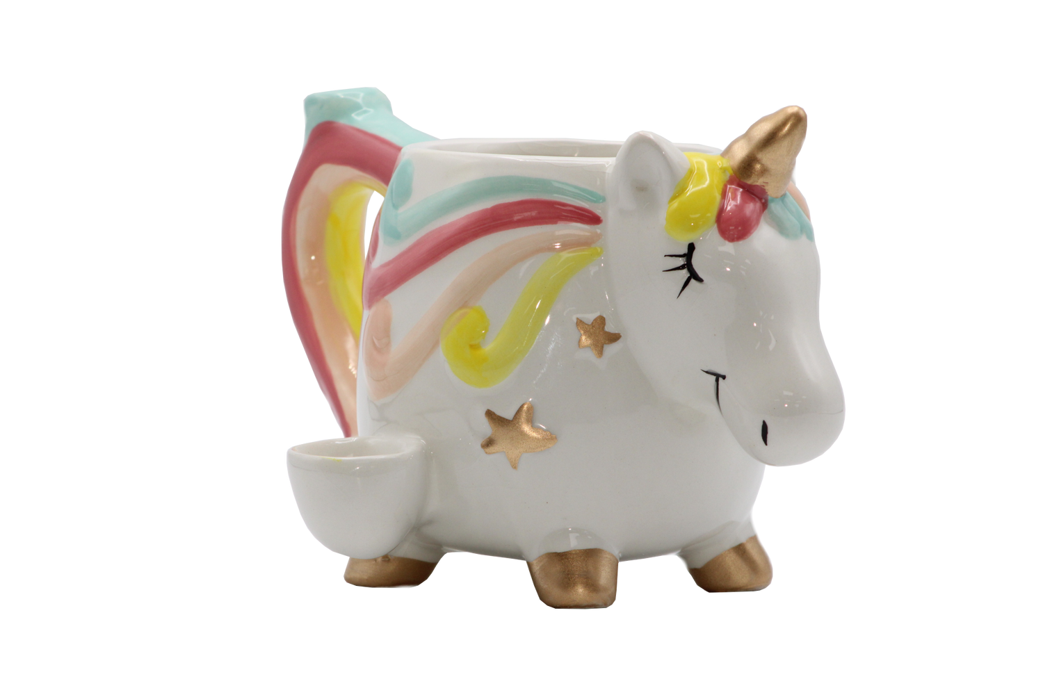 side view of the ceramic mug with built in hand pipe. Made with a unicorn design.