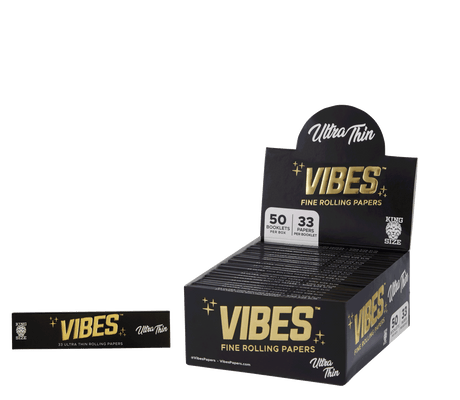 front view of the VIBES ultra thin rolling paper display box and one of the smaller packages. A premium rolling paper product.
