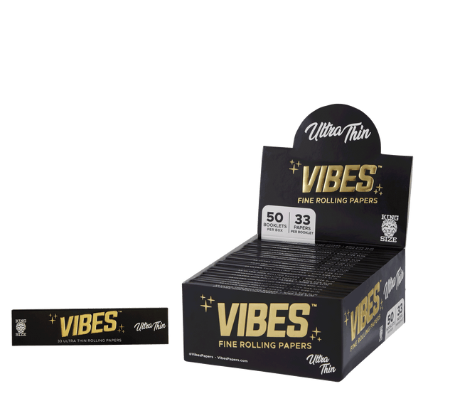 front view of the VIBES ultra thin rolling paper display box and one of the smaller packages. A premium rolling paper product.