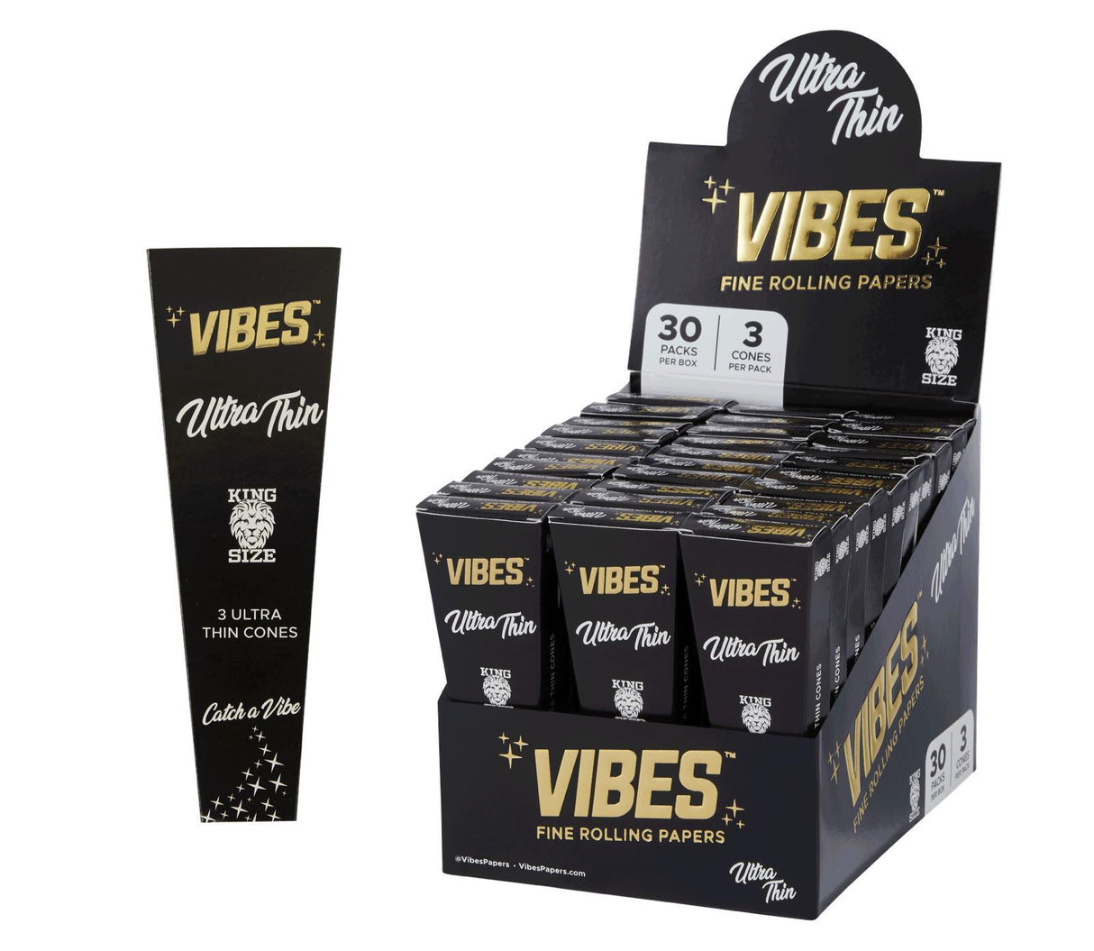 Front view of the VIBES ultra thin king size cones three pack. A product made with ultra precision for those who require the experience of the purest possible flavor.
