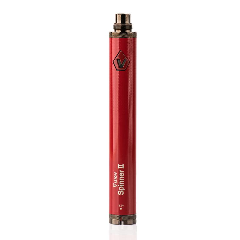 front view of the Vision Spinner 2 battery in red. A product with a large battery for long use and with variable voltage and a textured grip.