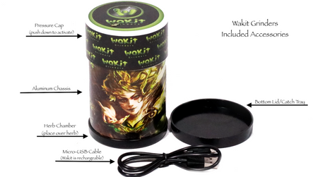 front view of the Wakit grinder and its components. A novel grinder using a unique ball and chain technology for grinding.