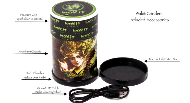 front view of the Wakit grinder and its components. A novel grinder using a unique ball and chain technology for grinding.