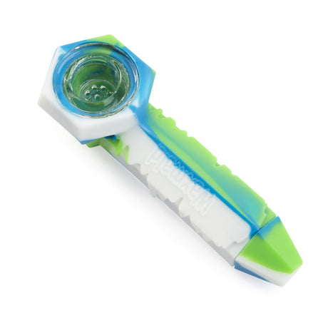 front view of the Waxmaid Ice freeze silicone hand pipe in a light combo of white, blue, green colors. Made of food grade silicone and high quality glass for the best smoking experience.