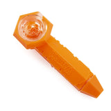 view of the Waxmaid ice spoon pipe. giving a smooth pull with platinum cured food grade silicone in a striking orange.