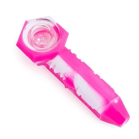 front view of the Waxmaid Ice freeze silicone hand pipe in a mix of floral pink and white. Made of food grade silicone its a made with safe and clean smoking for the consumer.