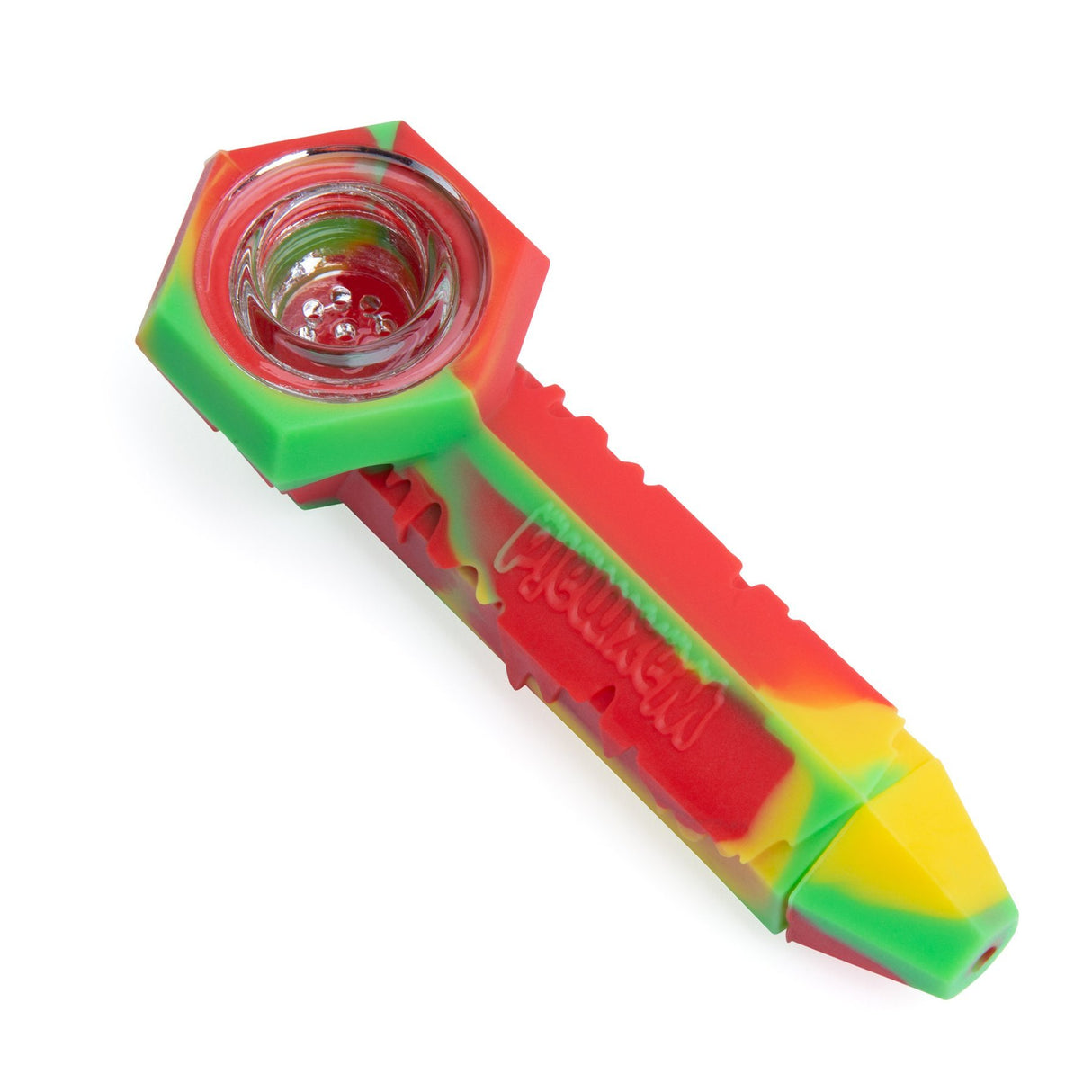 front view of the Waxmaid Ice freeze silicone hand pipe in the rasta colors of green, red, and yellow. Made of food grade silicone its a made to have a clean and chill smoking experience.