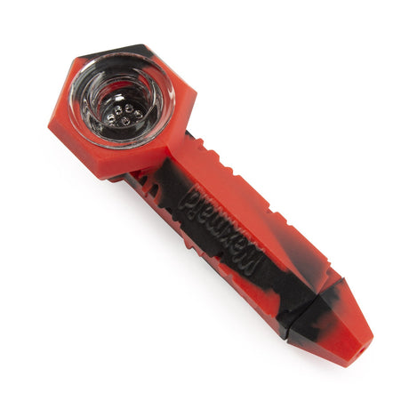 view of the Waxmaid ice spoon pipe. giving a smooth pull with platinum cured food grade silicone in a popular black and red.