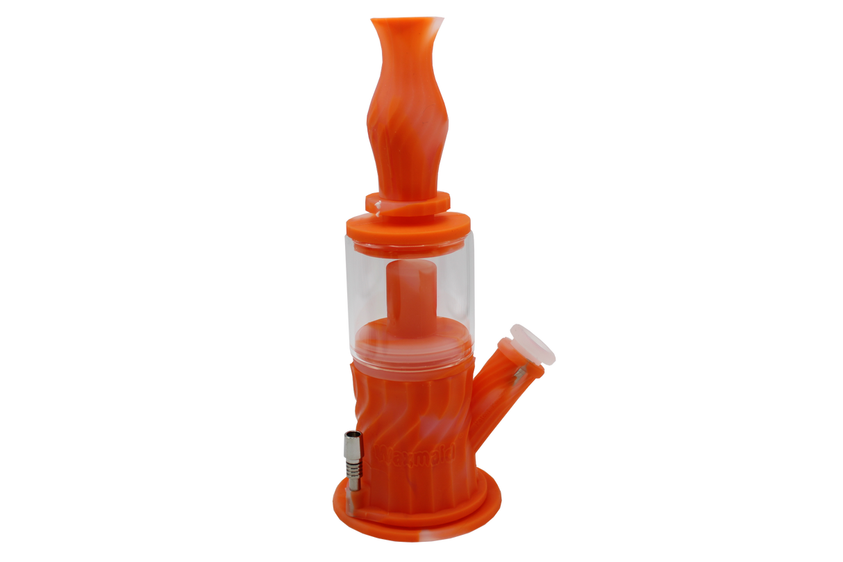 side view of the Waxmaid Percolator. A water pipe with versatility letting you have a dry herb bong, concentrate rig and nectar collector all in one.