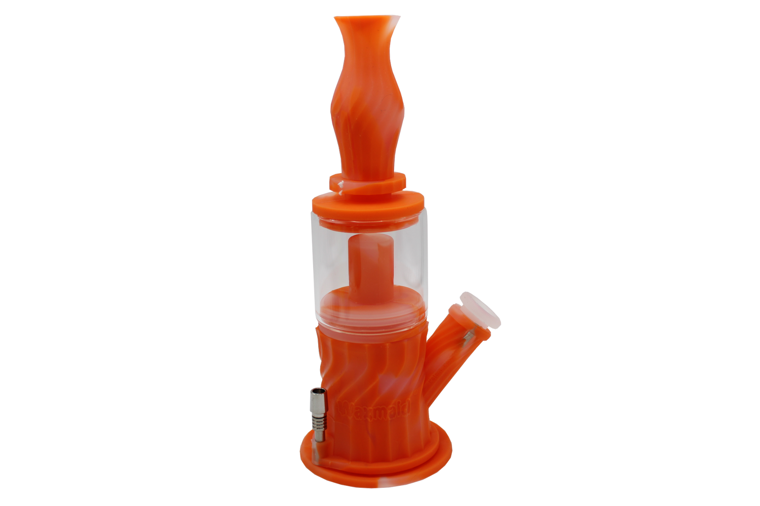 side view of the Waxmaid Percolator. A water pipe with versatility letting you have a dry herb bong, concentrate rig and nectar collector all in one.