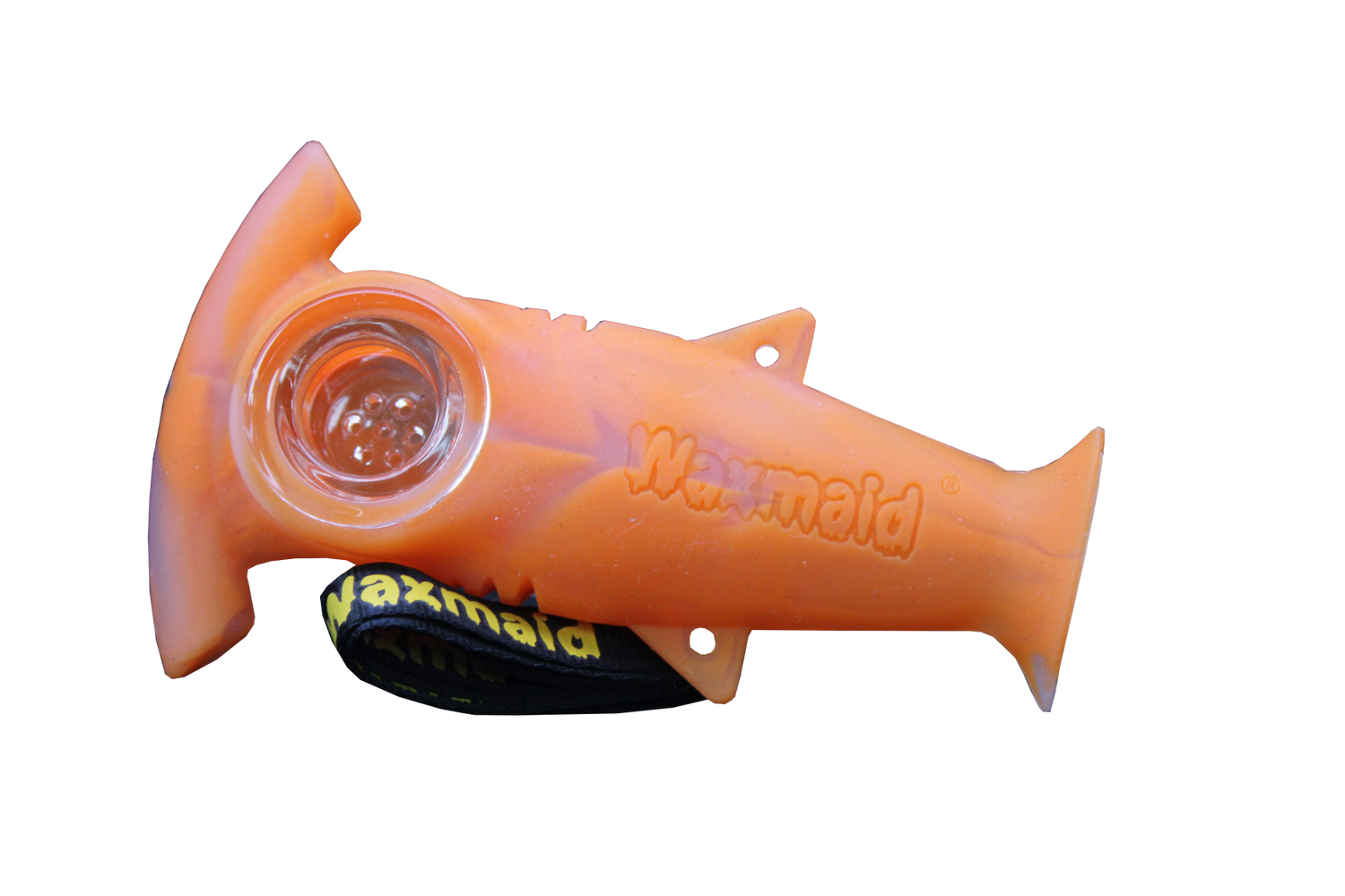 top view of the waxmaid shark silicone hand pipe. Made from durable food safe silicone in the shape of a shark.