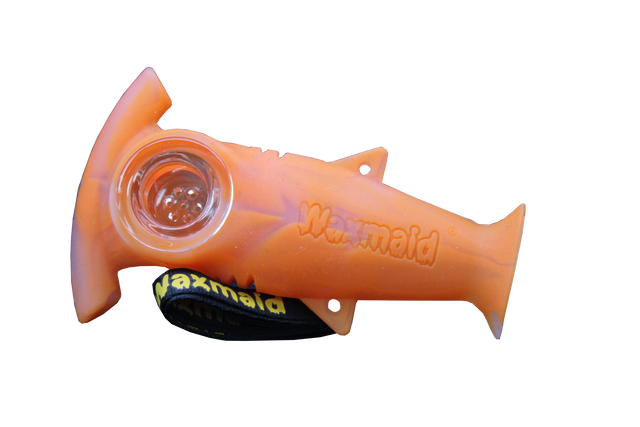top view of the waxmaid shark silicone hand pipe. Made from durable food safe silicone in the shape of a shark.