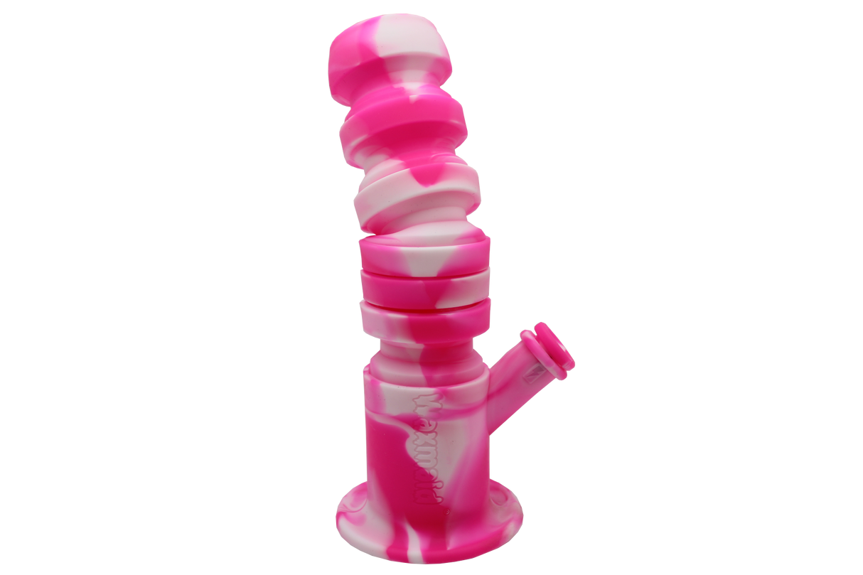 side view of the waxmaid springer silicone waterpipe in pink and white. a flexible and durable water pipe for perfect adjustment and convenience.
