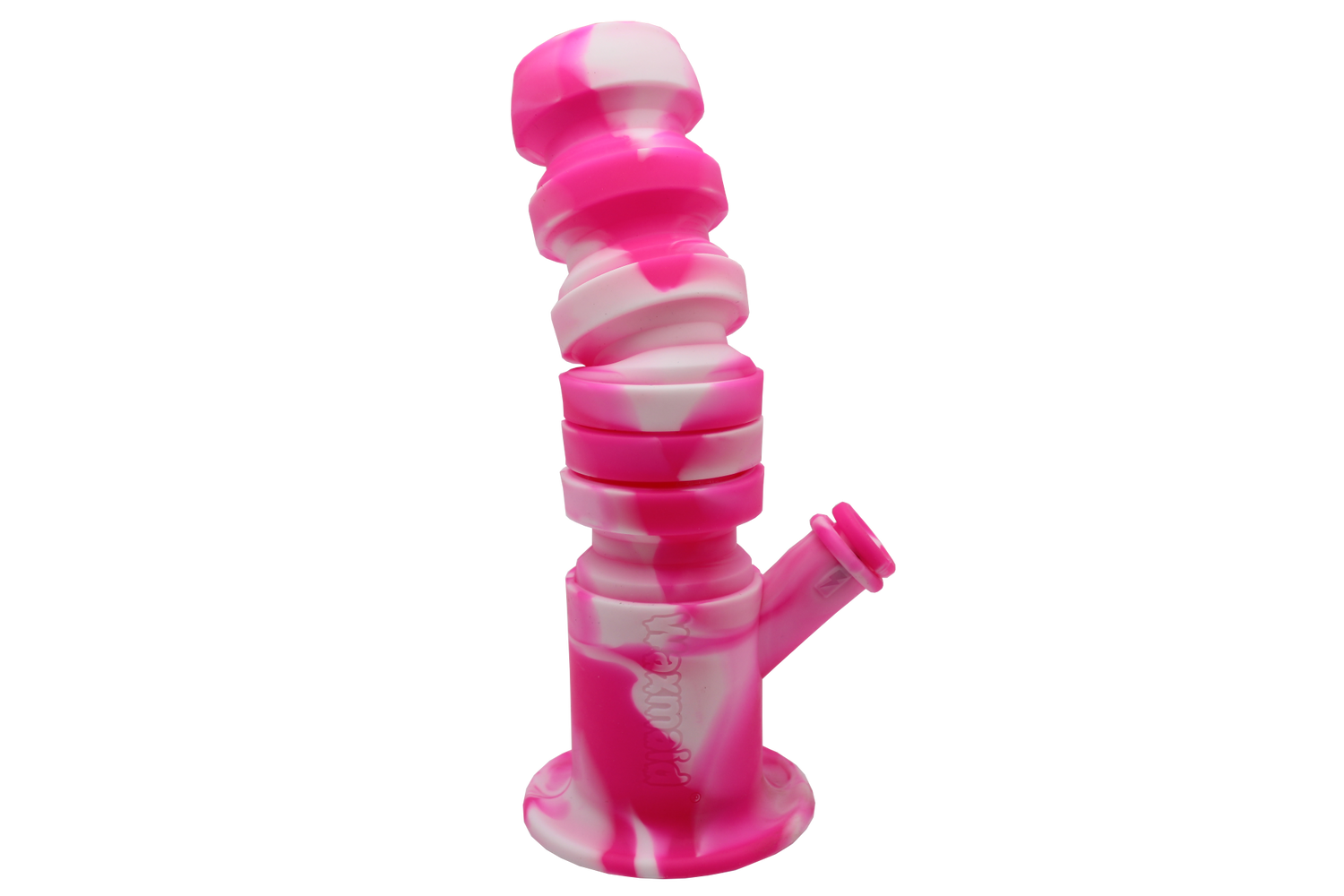 side view of the waxmaid springer silicone waterpipe in pink and white. a flexible and durable water pipe for perfect adjustment and convenience.