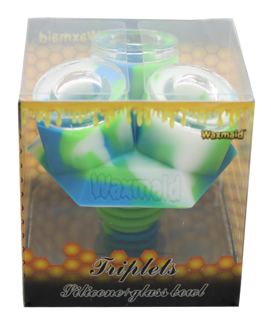 front view of the waxmaid triplets silicone glass bowls in blue,green,white twist. made for a even larger amount of herb for extra long smoking sessions.