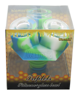 front view of the waxmaid triplets silicone glass bowls in blue,green,white twist. made for a even larger amount of herb for extra long smoking sessions.