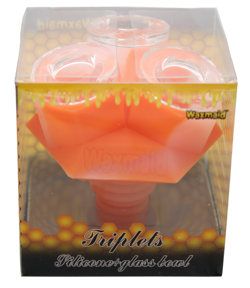 front view of the waxmaid triplets silicone glass bowls in orange and white swirl. made for a even larger amount of herb for extra long smoking sessions.