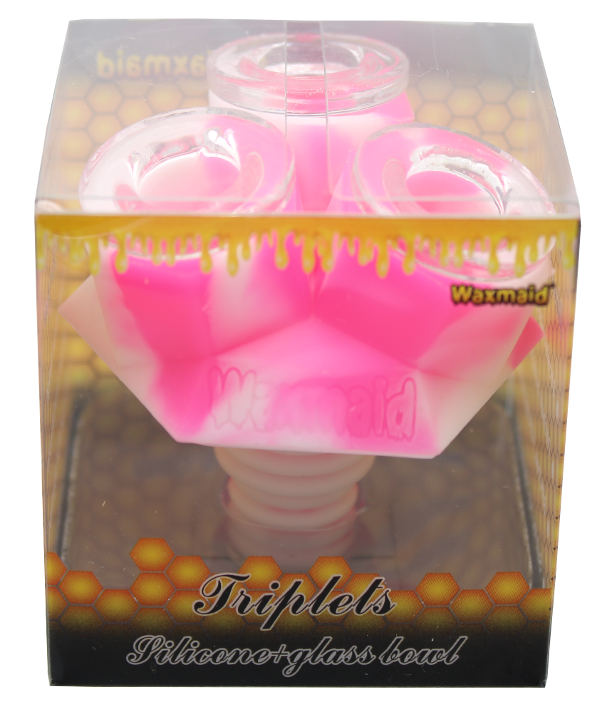 front view of the waxmaid triplets silicone glass bowls in pink and white. made for a even larger amount of herb for extra long smoking sessions.