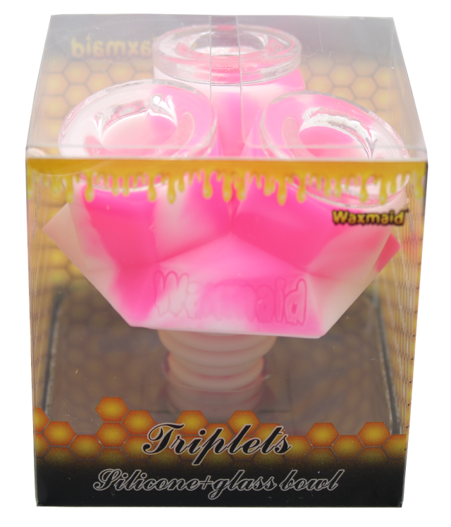 front view of the waxmaid triplets silicone glass bowls in pink and white. made for a even larger amount of herb for extra long smoking sessions.