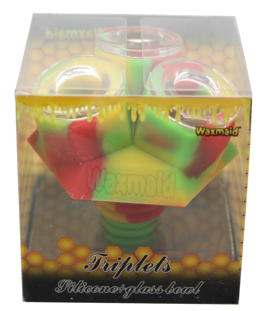 front view of the waxmaid triplets silicone glass bowls in rasta colors. made for a even larger amount of herb for extra long smoking sessions.