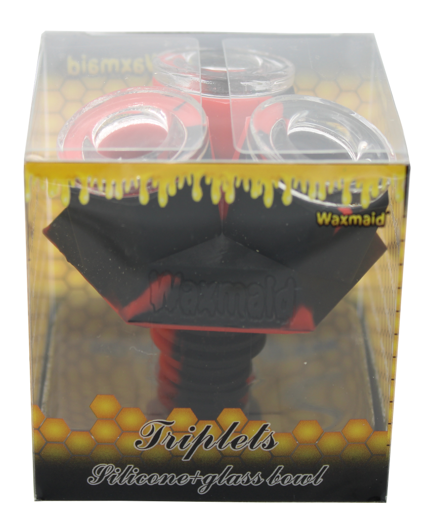 front view of the waxmaid triplets silicone glass bowls made in red and black. made for a even larger amount of herb for extra long smoking sessions.