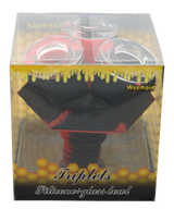 front view of the waxmaid triplets silicone glass bowls made in red and black. made for a even larger amount of herb for extra long smoking sessions.