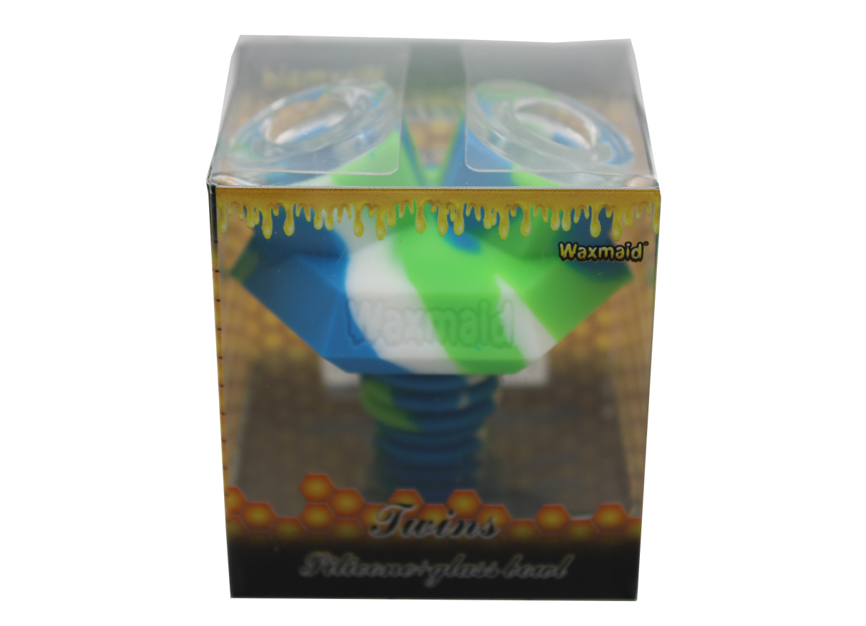 front view of the Waxmaid twins silicone bowl in a blue white green mix. Made for long sessions with more herb.made from borosilicate glass and heat resistant silicone.