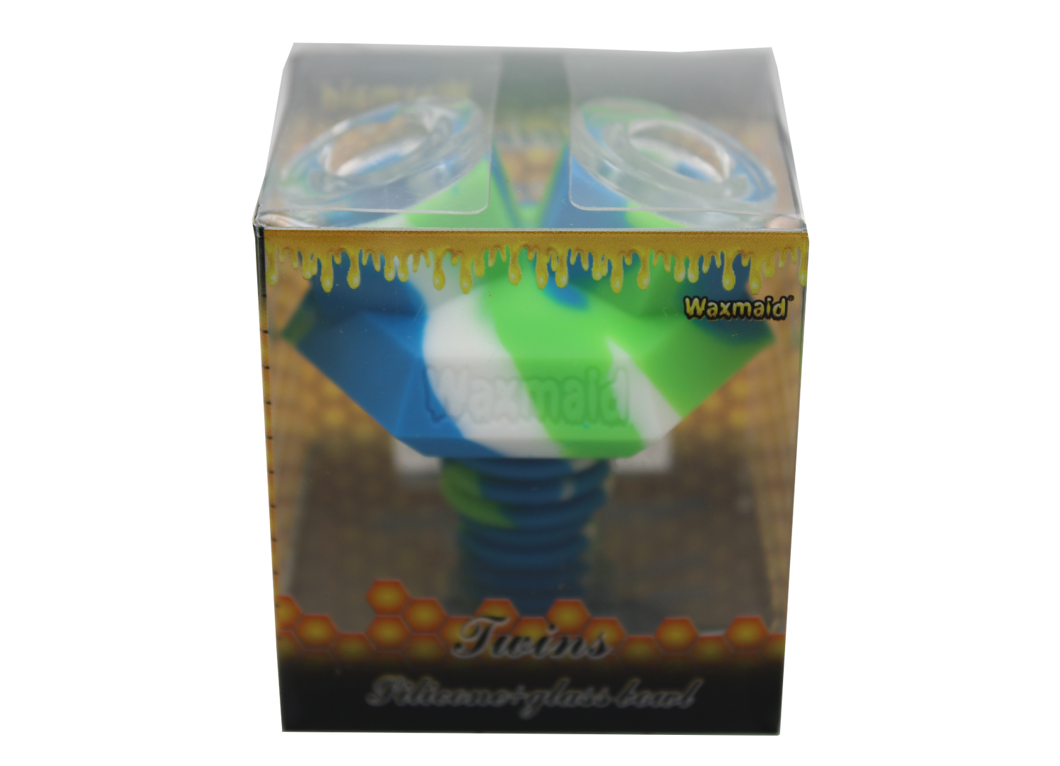 front view of the Waxmaid twins silicone bowl in a blue white green mix. Made for long sessions with more herb.made from borosilicate glass and heat resistant silicone.