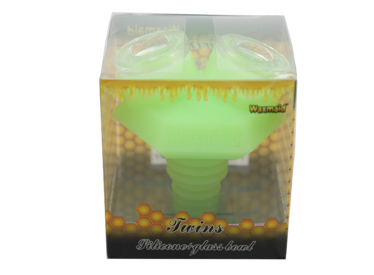 front view of the Waxmaid twins silicone bowl in a glow in the dark green. Made for long sessions with more herb.made from borosilicate glass and heat resistant silicone.