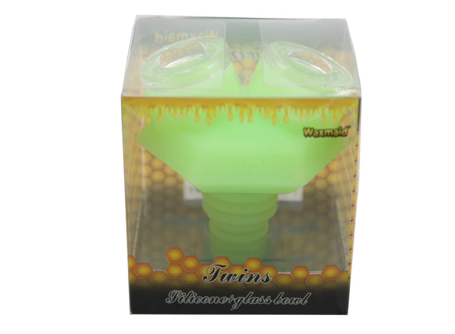 front view of the Waxmaid twins silicone bowl in a glow in the dark green. Made for long sessions with more herb.made from borosilicate glass and heat resistant silicone.