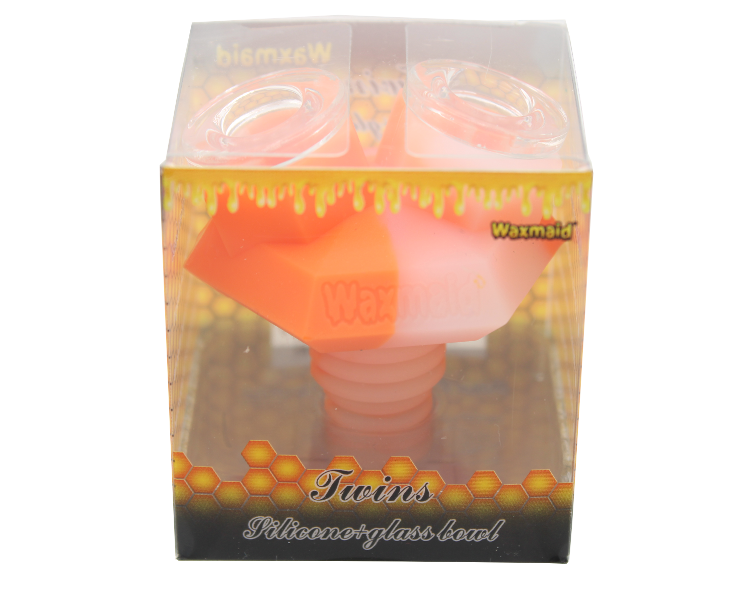 front view of the Waxmaid twins silicone bowl in a orange and white. Made for long sessions with more herb.made from borosilicate glass and heat resistant silicone.