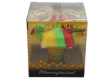 front view of the Waxmaid twins silicone bowl in rasta colors. Made for long sessions with more herb.made from borosilicate glass and heat resistant silicone.