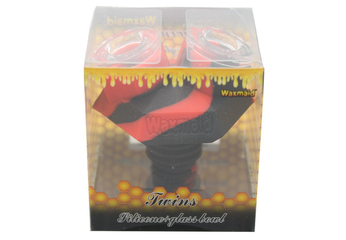 front view of the Waxmaid twins silicone bowl in a red and black twist. Made for long sessions with more herb.made from borosilicate glass and heat resistant silicone.